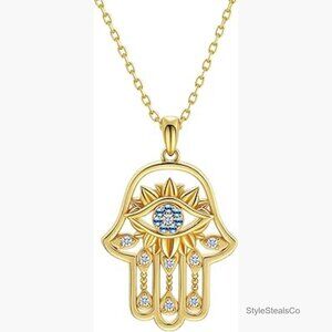 14K Gold Plated Sterling Silver Hamsa Evil Eye Pendant Necklace Adjustable Chain